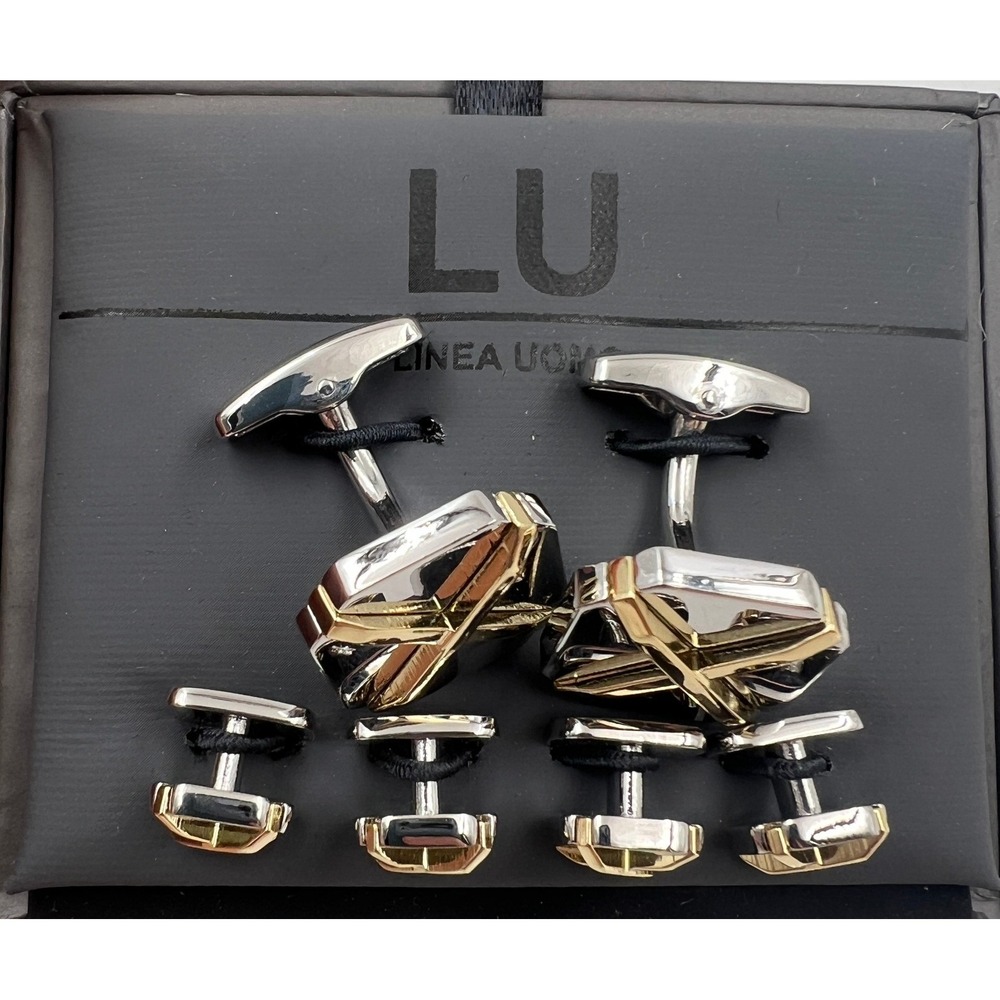 Linea Uomo Cufflinks & Stud Set Men's Silver Gold Tone X Motif Tuxedo NIB